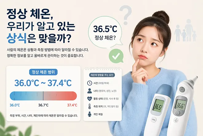 정상 체온 36.5도에 대한 상식이 맞는지 고민하는 여성과 체온계, 체온 범위 36도에서 37.4도를 설명하는 이미지