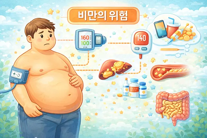 비만으로 인해 당뇨 고혈압 지방간 등 다양한 건강 위험이 발생하는 모습을 설명하는 이미지