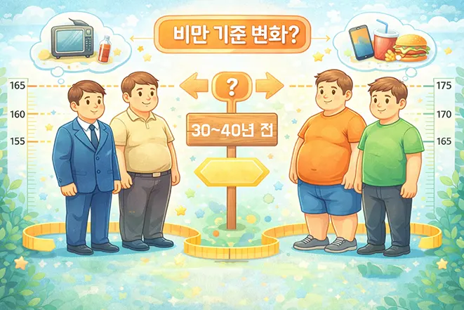 과거와 현재 사람들의 체형과 생활 변화를 비교하며 비만 기준 변화 여부를 설명하는 이미지