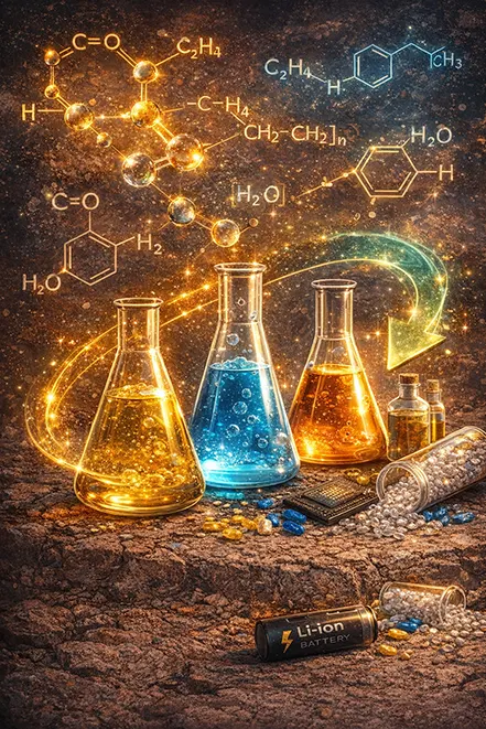 석유화학 제품과 화학식, 분자 구조를 함께 표현한 실험실 플라스크 이미지
