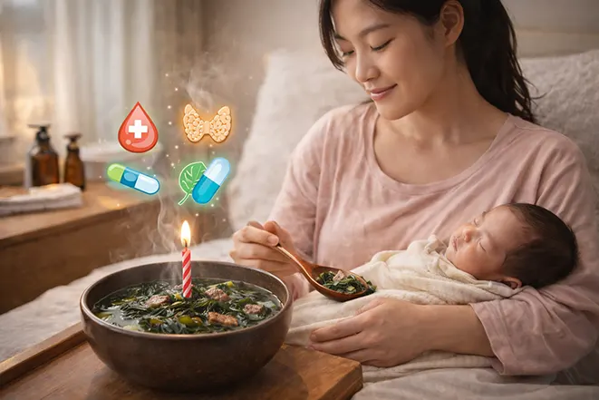 출산 후 산모가 아기를 안고 미역국을 먹으며 회복하는 모습