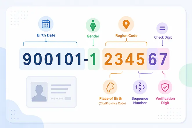 주민등록번호의 자리수 구조를 생년월일, 성별, 지역 코드, 검증 번호로 나누어 설명하는 인포그래픽 이미지