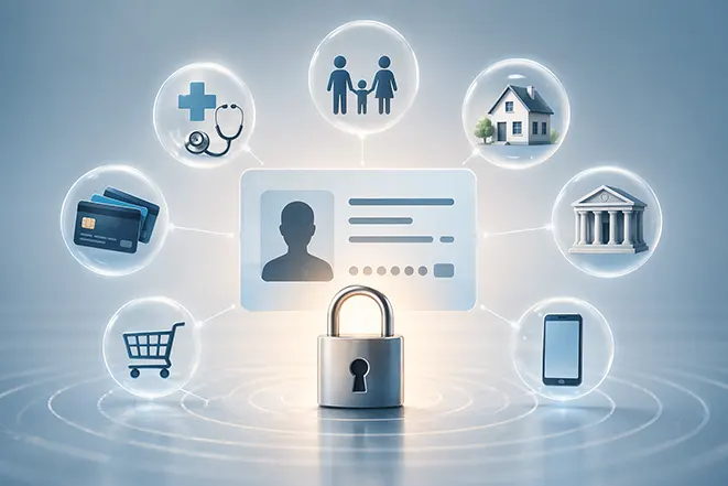 주민등록번호와 개인정보가 금융, 의료, 통신 등 다양한 영역과 연결되고 보안으로 보호되는 개념 이미지