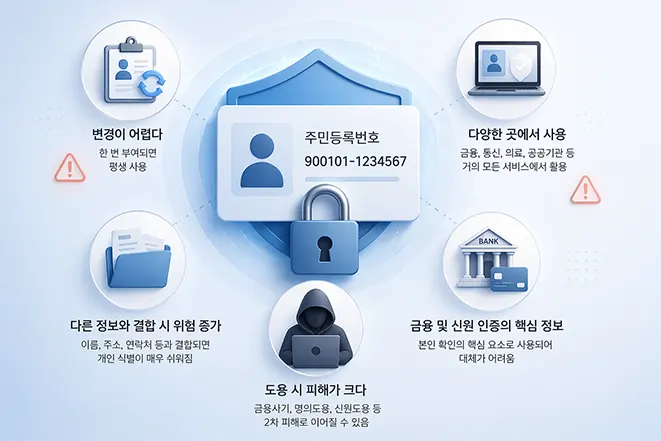 주민등록번호가 민감한 이유와 개인정보 보안 위험성을 설명하는 인포그래픽 이미지