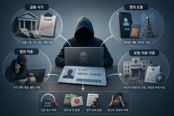 주민등록번호 도용으로 인한 금융 사기, 명의 도용, 범죄 악용 등의 피해를 표현한 이미지