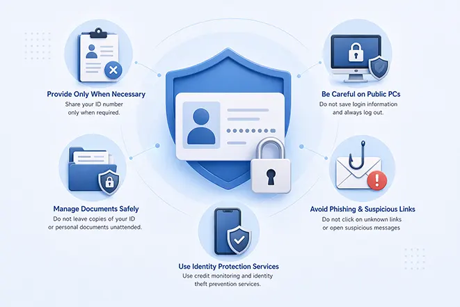 주민등록번호 도용을 예방하기 위한 개인정보 보호 방법과 보안 수칙을 설명하는 이미지