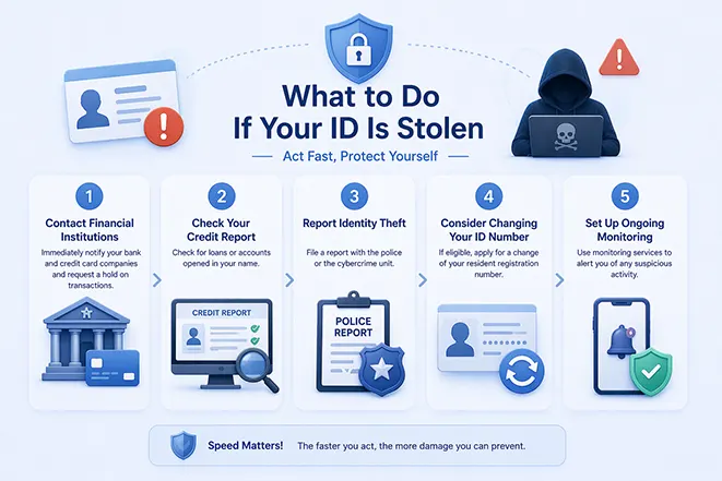 주민등록번호 도용 시 금융기관 연락, 신용조회, 신고, 번호 변경 등 대응 방법을 설명하는 이미지