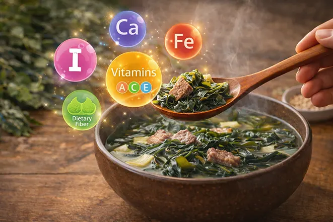 미역국 속 요오드 철분 칼슘 비타민 식이섬유 등 영양 성분을 표현한 건강식 이미지