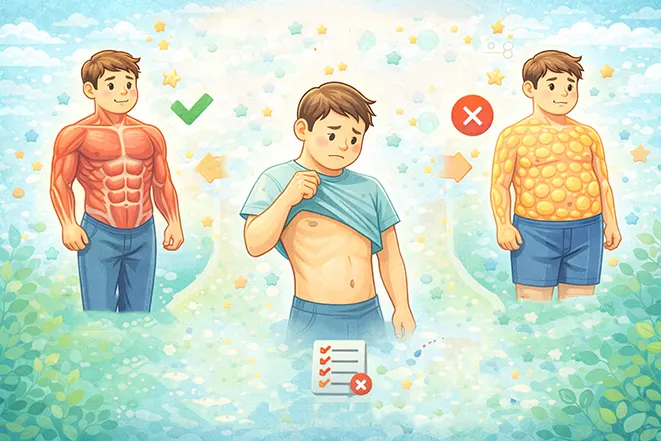 마른 사람과 근육형 체형, 마른 비만 체형을 비교하여 마른 사람이 반드시 건강한 것은 아님을 설명하는 이미지