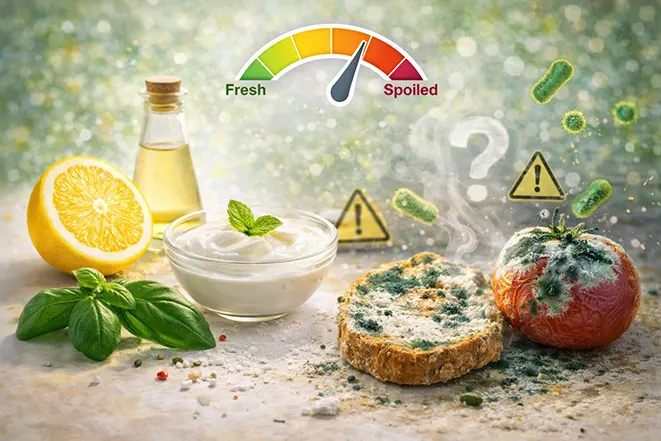 신맛과 음식 상태를 설명하는 이미지로 신선한 레몬과 요거트 그리고 상한 토마토와 곰팡이 빵이 대비된 구성