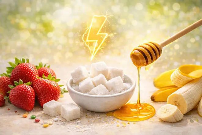 단맛과 에너지를 표현한 이미지로 설탕 꿀 딸기 바나나와 번개 아이콘이 함께 구성된 장면