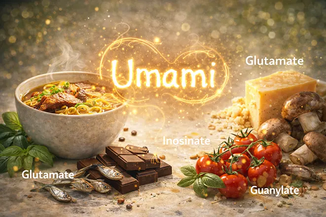 감칠맛을 구성하는 글루탐산 이노신산 구아닐산과 음식 예시를 보여주는 이미지