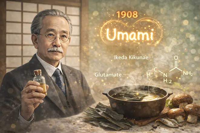 감칠맛을 발견한 이케다 키쿠나에와 1908년 우마미 연구를 설명하는 이미지