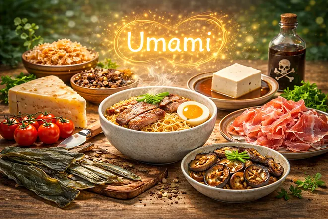 감칠맛이 나는 대표 음식으로 라면 치즈 버섯 토마토 고기 등이 함께 있는 이미지