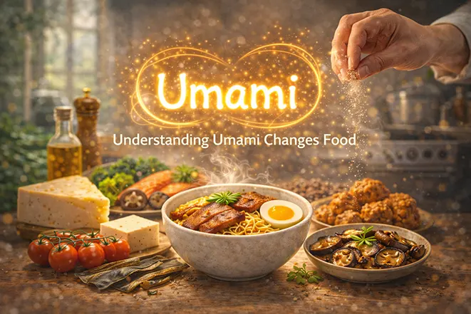 감칠맛이 음식의 풍미를 변화시키는 모습을 표현한 이미지로 라면과 다양한 식재료가 있는 장면