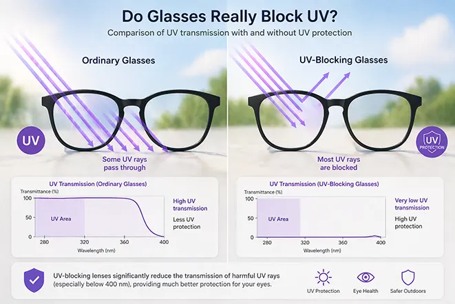 일반 안경과 자외선 차단 안경의 UV 차단 효과를 비교한 이미지