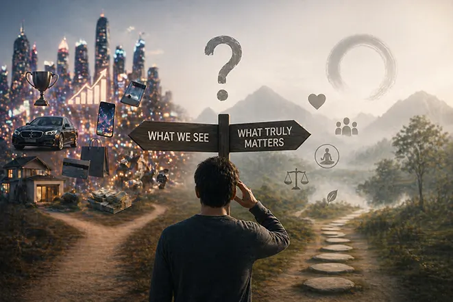 보이는 것과 보이지 않는 가치 사이에서 고민하는 사람과 갈림길 이미지, 대도무형 개념 표현