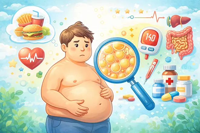 체지방 증가와 건강 위험 요소를 통해 비만의 개념을 설명하는 이미지