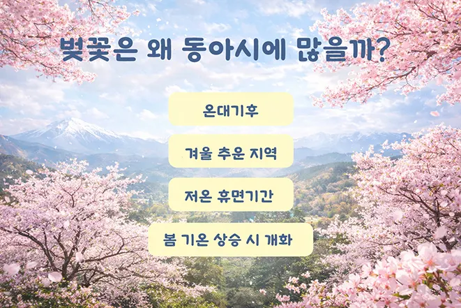 벚꽃이 동아시아에 많은 이유 온대 기후 겨울 추위 휴면 기간 개화 조건 설명 이미지