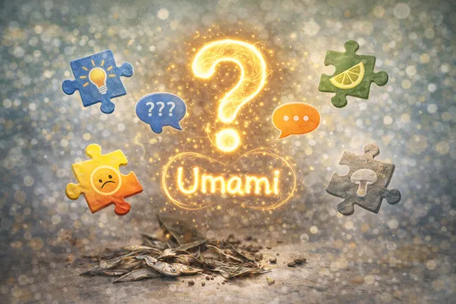 감칠맛이 왜 설명하기 어려운지 표현한 이미지로 물음표와 퍼즐 조각이 있는 장면