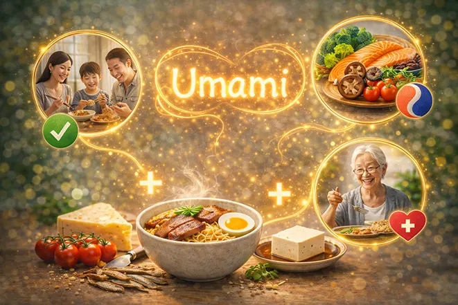 감칠맛의 중요성을 설명하는 이미지로 음식 만족도와 건강한 식사를 표현한 장면