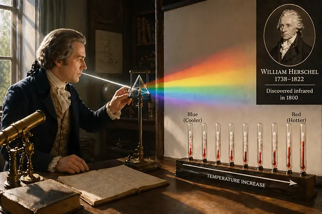 윌리엄 허셜이 프리즘 실험으로 적외선을 발견하는 장면과 온도 상승 측정 이미지