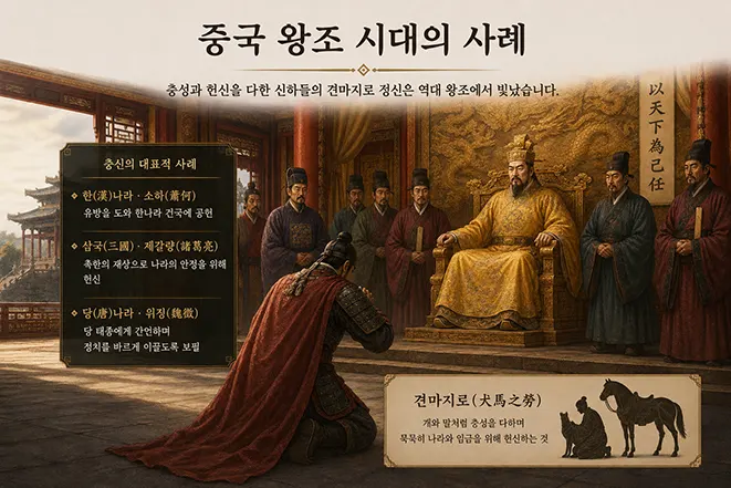 중국 왕조 시대 신하들의 충성과 견마지로 정신을 표현한 역사풍 이미지