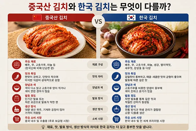 중국산 김치와 한국 김치의 재료와 발효 방식 차이를 비교한 이미지