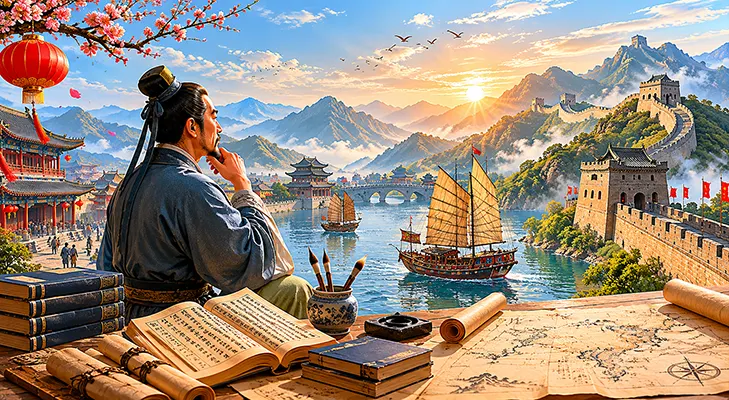 중국 전통 도시와 만리장성을 배경으로 고난과 경험을 상징적으로 표현한 중국 학자의 모습