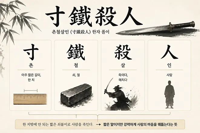 촌철살인의 한자 의미와 각 글자의 뜻을 시각적으로 설명한 인포그래픽 이미지