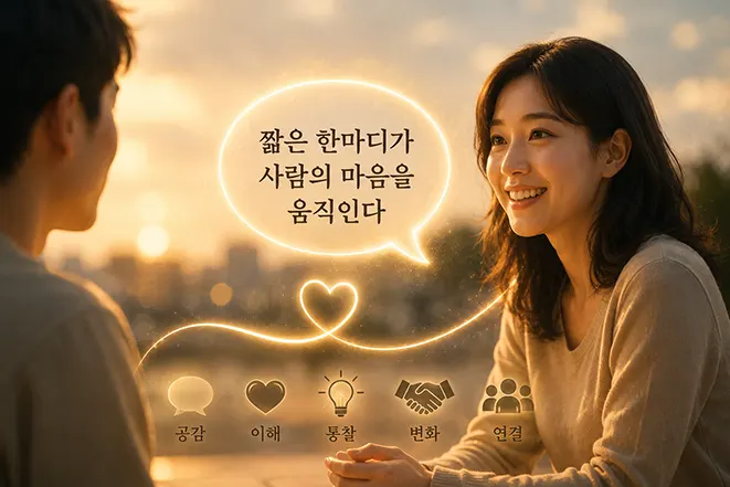 짧은 한마디가 사람의 마음을 움직이고 연결을 만드는 모습을 표현한 감성 이미지