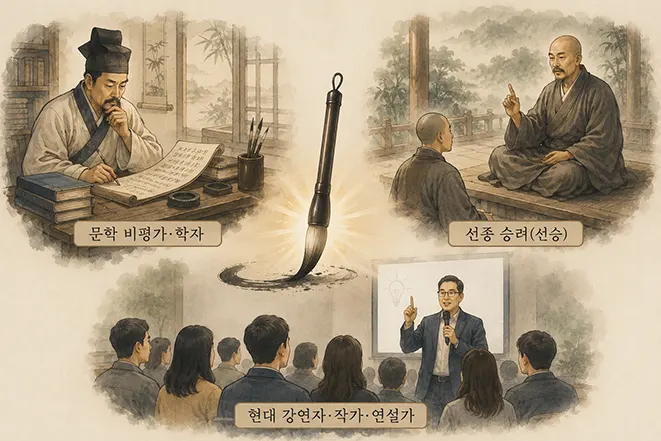 촌철살인을 자주 사용했던 학자와 선승, 현대 강연자를 표현한 동양풍 이미지