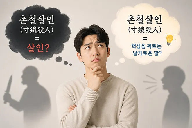 촌철살인의 의미를 잘못 이해하는 사람과 올바르게 해석하는 사람의 차이를 표현한 이미지