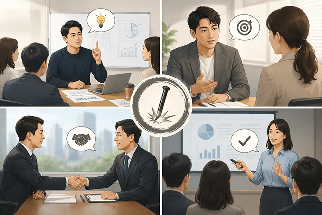 촌철살인이 사용될 수 있는 회의, 협상, 발표 상황을 표현한 비즈니스 이미지