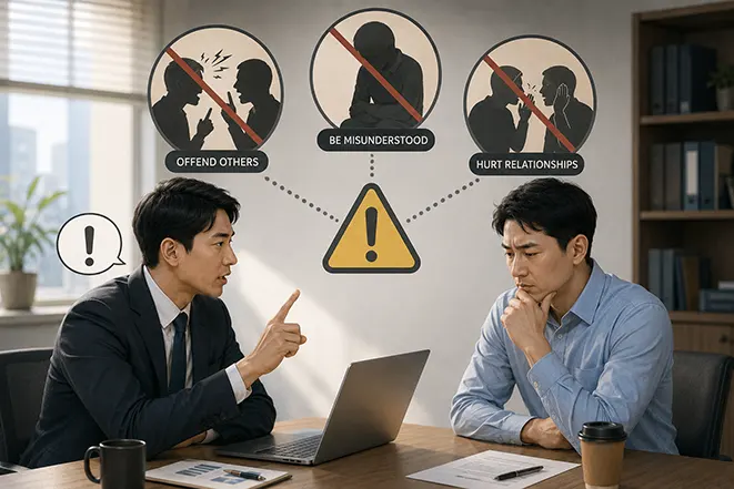 촌철살인을 사용할 때 오해와 인간관계 문제를 주의해야 함을 표현한 이미지