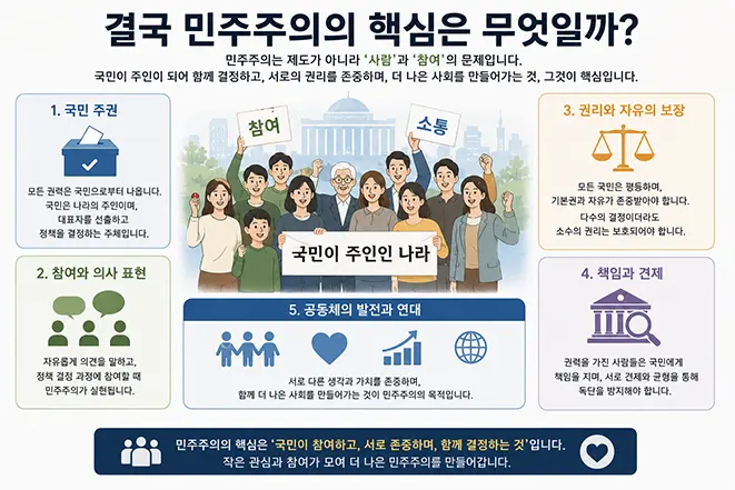 민주주의의 핵심 가치인 국민 주권과 참여, 자유와 견제를 설명하는 인포그래픽 이미지