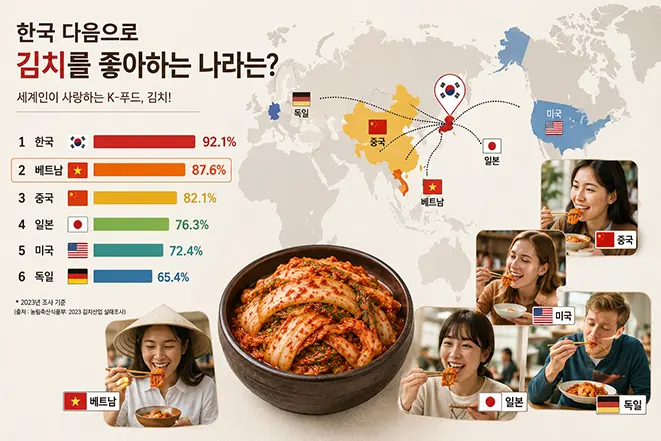 한국 다음으로 김치를 좋아하는 나라들을 소개하는 글로벌 김치 인기 이미지