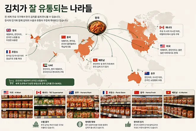 세계 여러 나라에서 유통되는 김치와 글로벌 김치 시장을 설명하는 이미지