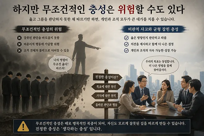 무조건적인 충성과 비판적 사고의 차이를 비교하여 표현한 인포그래픽 이미지