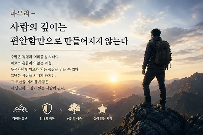 산 정상에서 넓은 세상을 바라보는 인물을 통해 고난과 성장의 의미를 표현한 이미지
