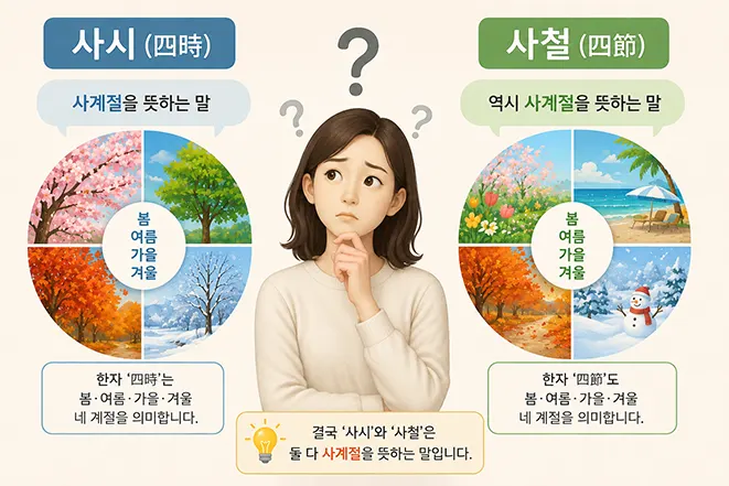 사시와 사철의 차이와 공통점을 설명하는 사계절 개념 이미지