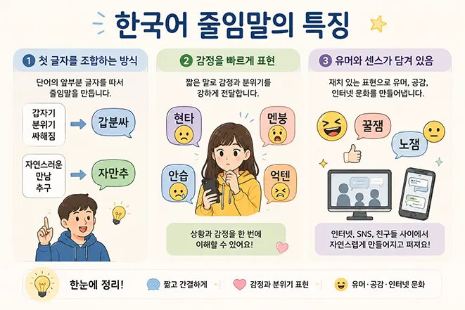 한국어 줄임말의 특징과 감정 표현 방식을 설명하는 인포그래픽 이미지