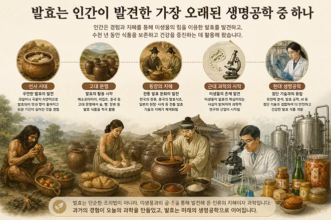 발효가 인류 역사 속에서 발전하여 현대 생명공학으로 이어지는 과정을 설명하는 이미지