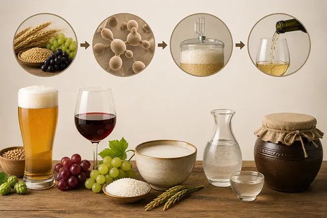 곡물과 과일이 효모 발효 과정을 거쳐 맥주, 와인, 막걸리 같은 발효주로 만들어지는 과정을 표현한 이미지