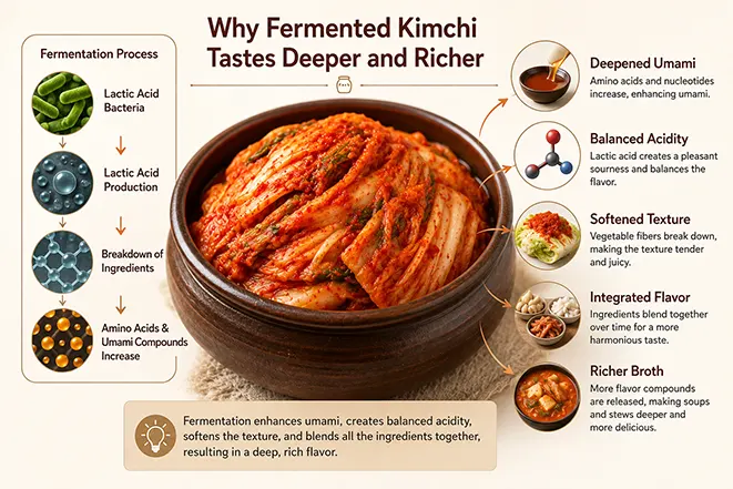 발효된 김치가 깊은 맛을 가지는 이유를 설명하는 김치 발효 원리 이미지
