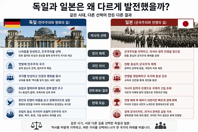독일과 일본의 서로 다른 역사적 선택과 발전 과정을 비교한 인포그래픽 이미지