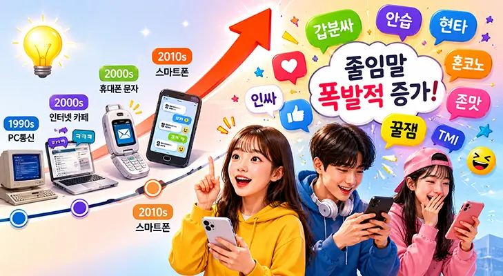 인터넷과 스마트폰 시대를 거치며 한국어 줄임말이 급격히 증가하는 과정을 표현한 일러스트