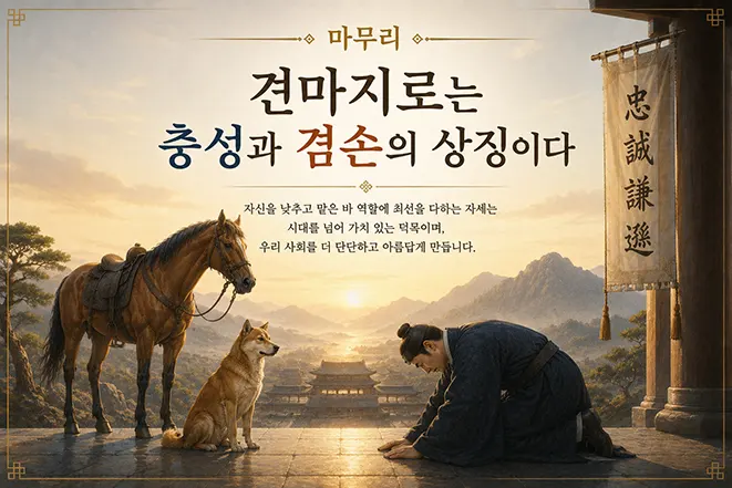 견마지로가 상징하는 충성과 겸손의 의미를 표현한 전통 동양풍 이미지