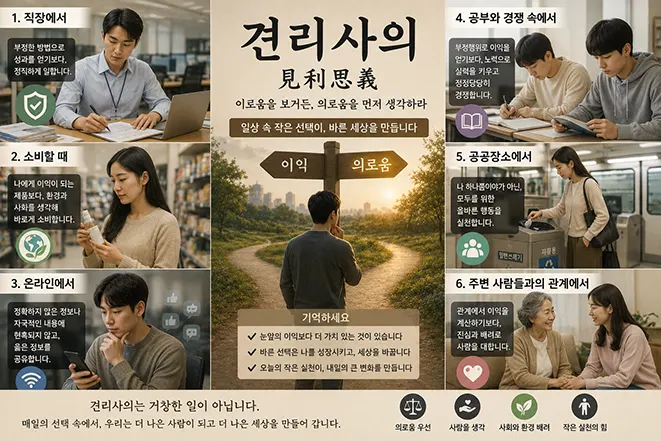 직장, 소비, 온라인, 인간관계 등 일상 속에서 견리사의를 실천하는 방법을 설명하는 인포그래픽 이미지