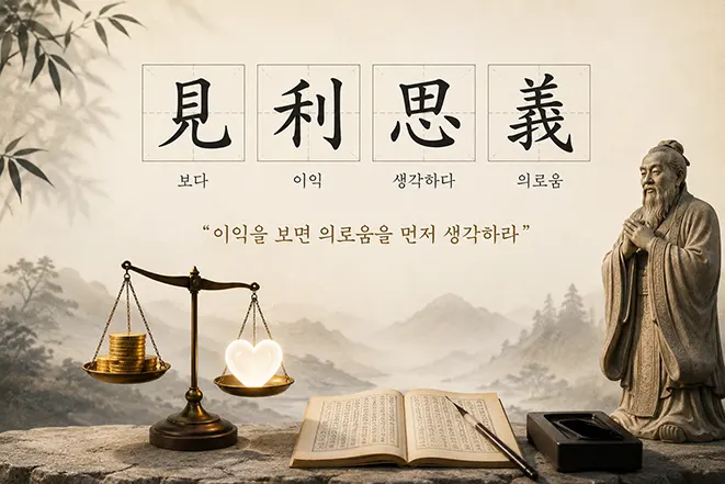 견리사의 한자 뜻과 의미를 설명하는 동양 철학 스타일 이미지, 공자 조각상과 저울이 함께 표현된 장면